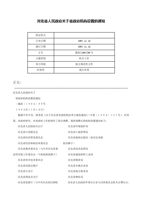 河北省人民政府关于省政府机构设置的通知-冀政[1994]99号