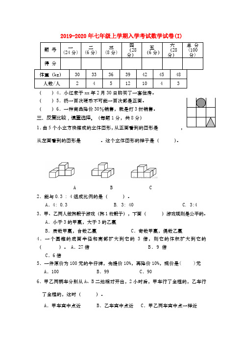 2019-2020年七年级上学期入学考试数学试卷(I)