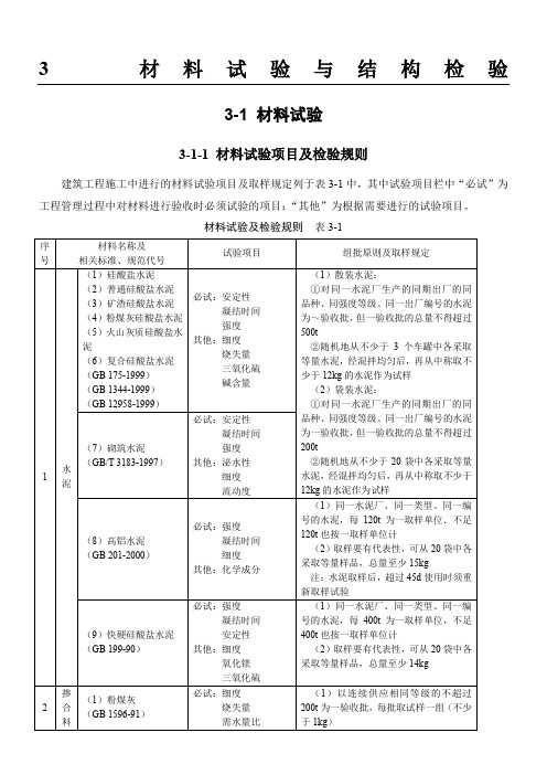 施工手册(第四版)3第三章材料试验与结构检验3-1-1 材料试验项目及检验规则