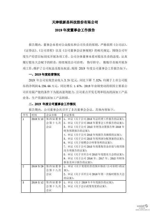 锐新科技：2019年度董事会工作报告