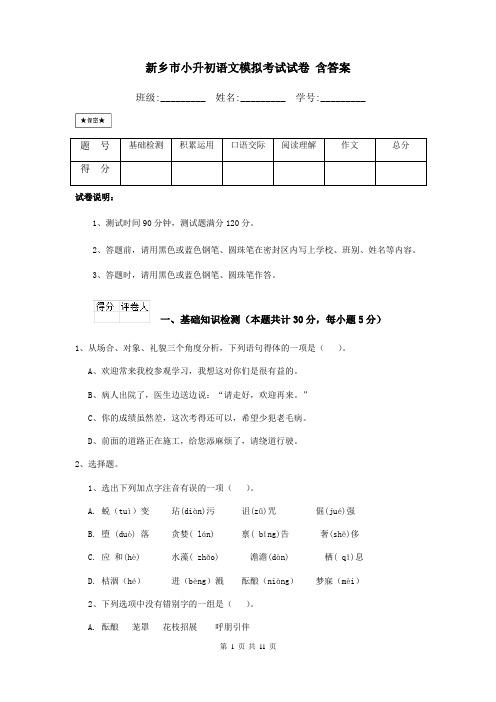 新乡市小升初语文模拟考试试卷-含答案