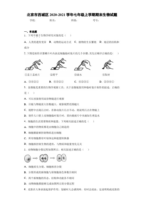 北京市西城区2020-2021学年七年级上学期期末生物试题