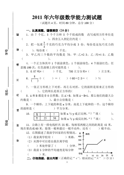 2011年六年级数学能力测试题