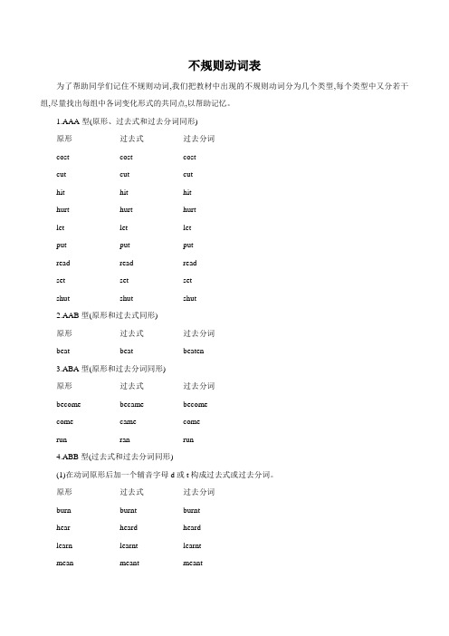 中考英语动词过去式过去分词不规则变化表(记忆版)