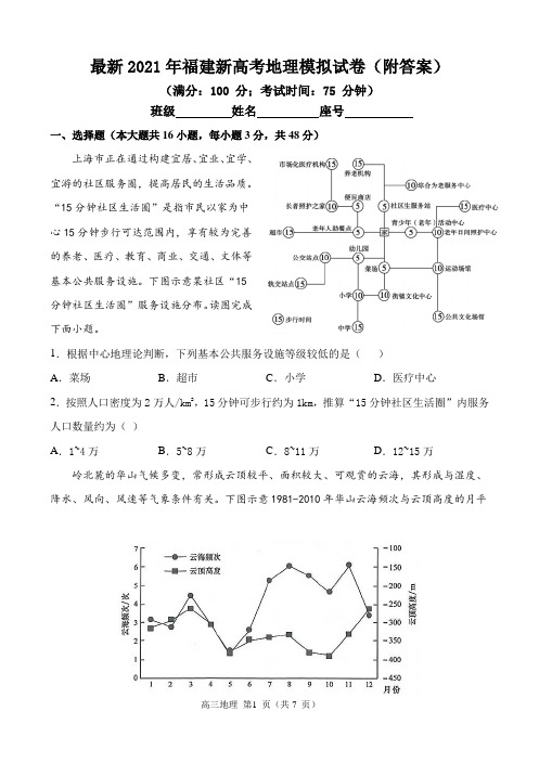 最新2021年福建新高考地理模拟试卷(附答案)