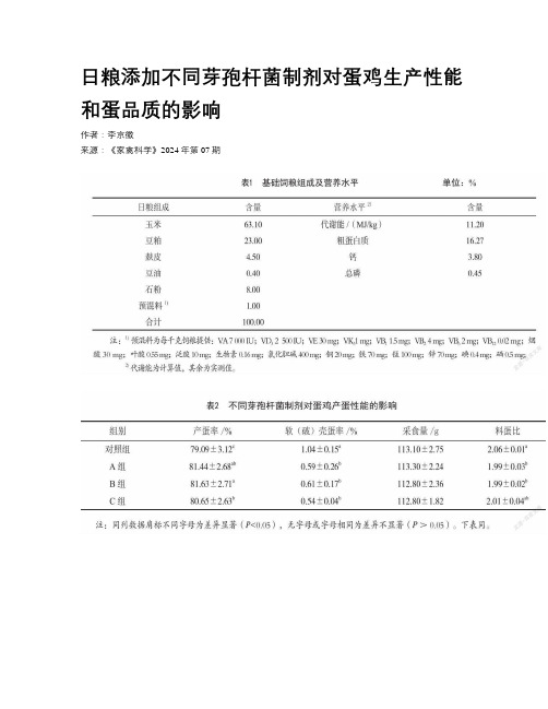 日粮添加不同芽孢杆菌制剂对蛋鸡生产性能和蛋品质的影响