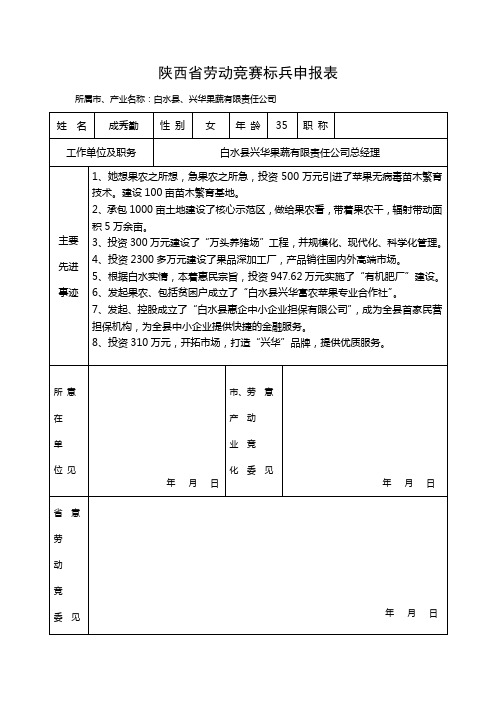 陕西省劳动竞赛标兵申报表