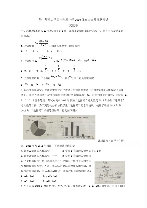 湖北省华中师范大学第一附属中学2019届高三5月押题考试数学文Word版含答案