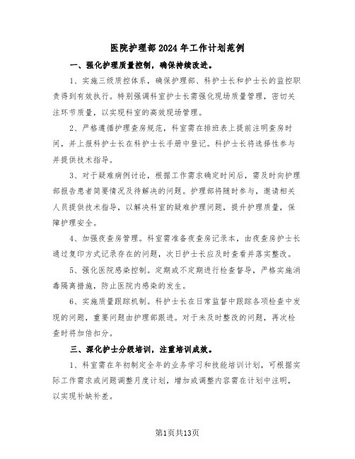 医院护理部2024年工作计划范例(五篇)