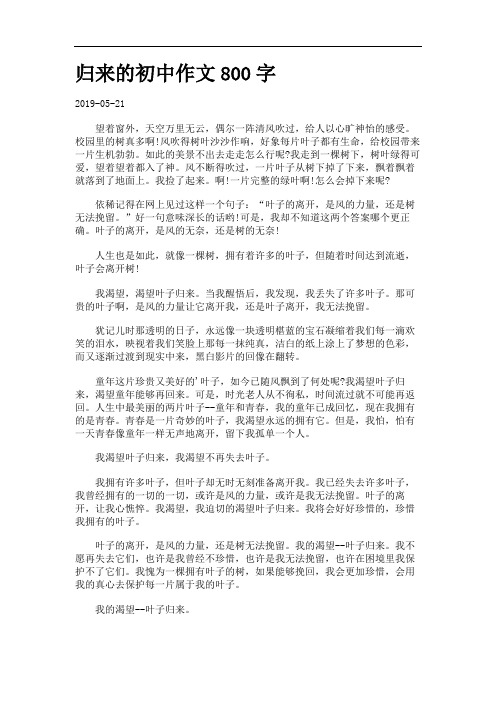 归来的初中作文800字.