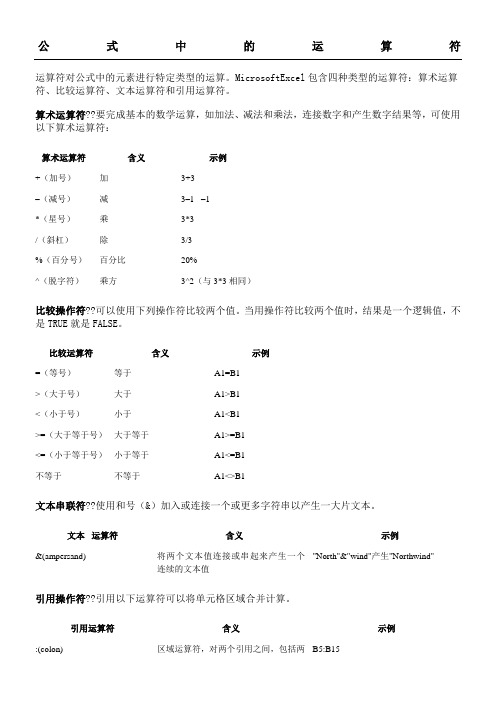 Excel公式中的运算符