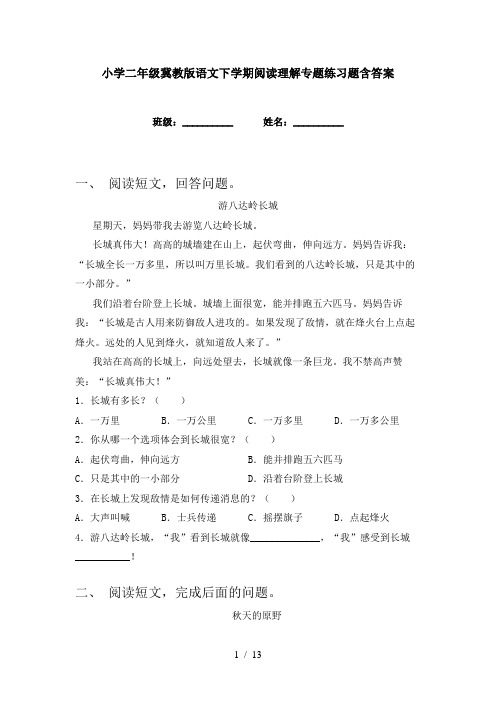 小学二年级冀教版语文下学期阅读理解专题练习题含答案