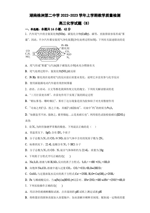 湖南省株洲市第二中学2022-2023学年高三上学期12月月考化学试题(B)