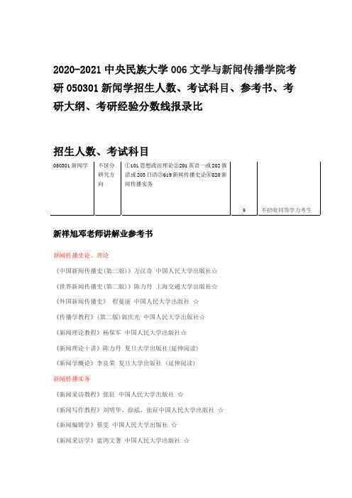 2020-2021中央民族大学050301新闻学招生人数、考试科目、参考书、考研大纲、考研经验分数线报录比