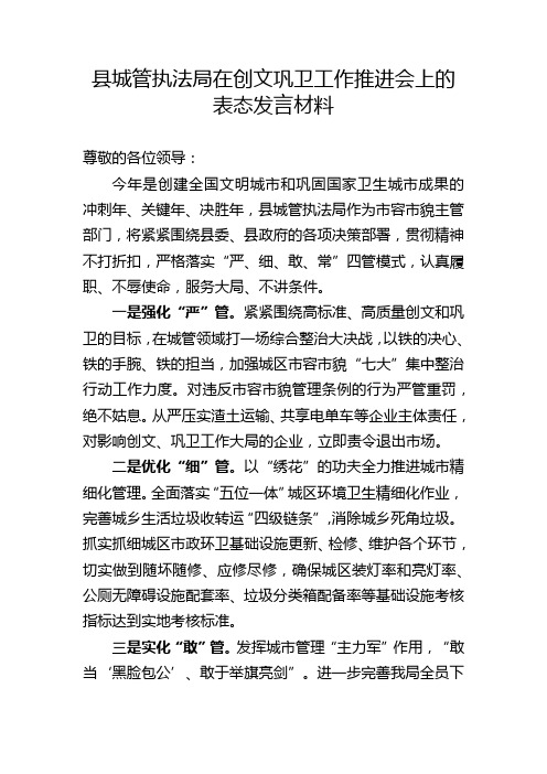 县城管执法局在创文巩卫工作推进会上的表态发言材料