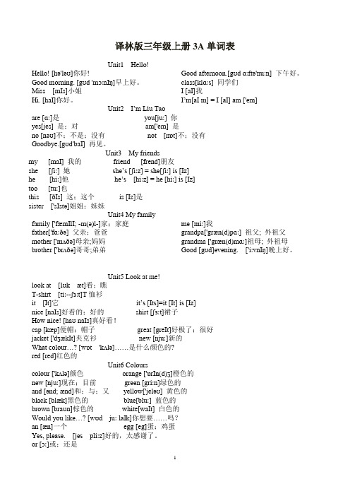 江苏译林版小学三年级四年级五年级六年级英语单词表(附音标)