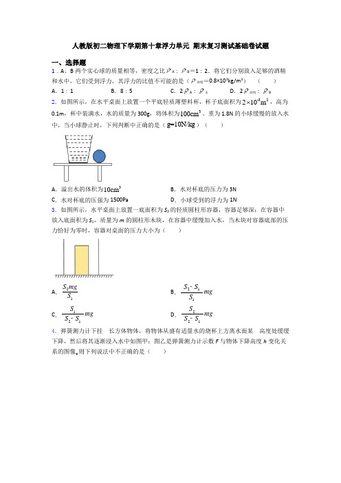 人教版初二物理下学期第十章浮力单元 期末复习测试基础卷试题