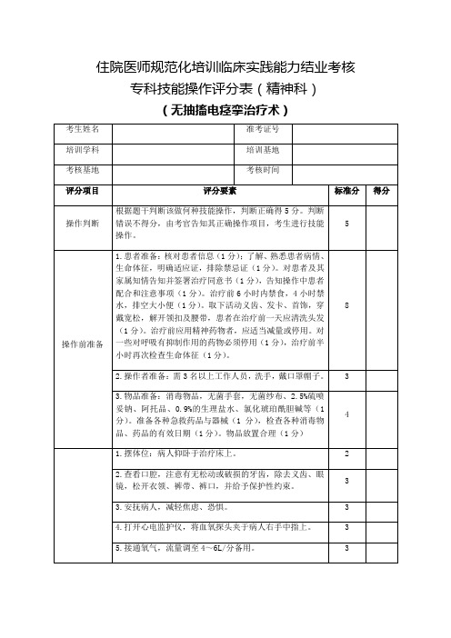 住院医师规范化培训临床实践能力结业考核专科技能操作评分表(精神科)无抽搐电痉挛治疗术