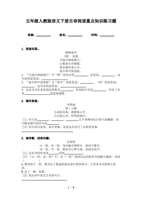 五年级人教版语文下册古诗阅读重点知识练习题