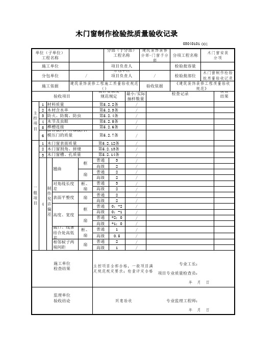 木门窗制作检验批质量验收记录