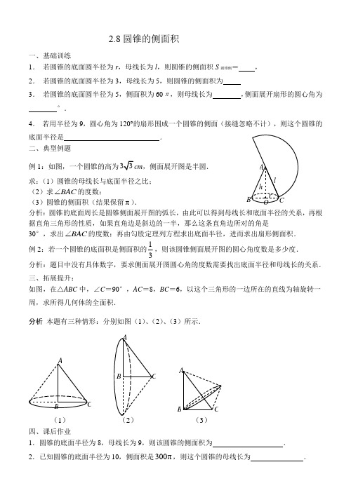 苏科版九年级数学上册  2.8： 圆锥的侧面积  同步练习题