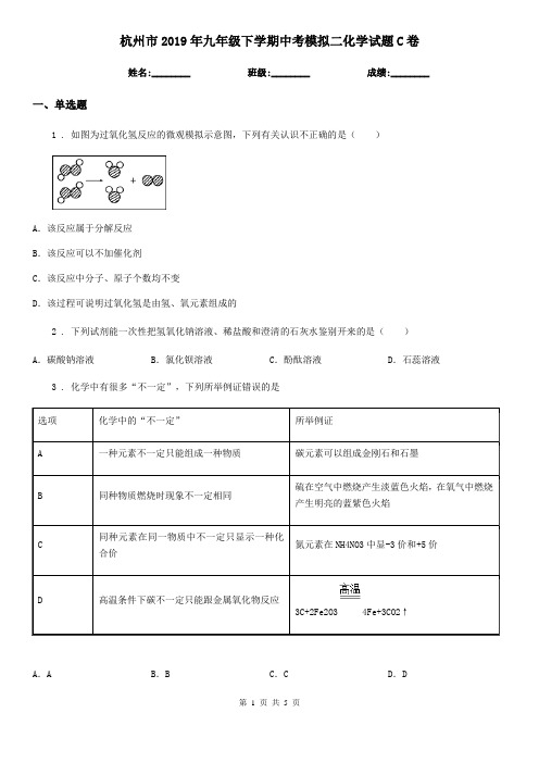 杭州市2019年九年级下学期中考模拟二化学试题C卷