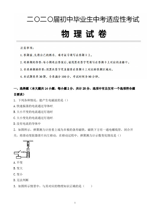 2020年江西省萍乡市中考物理适应性考试试题含参考答案