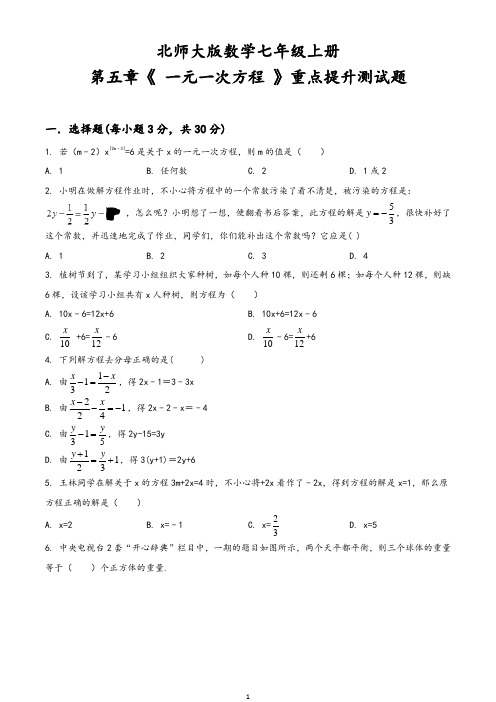 北师大版数学七年级上册 第五章《 一元一次方程 》重点提升测试题(原卷版)