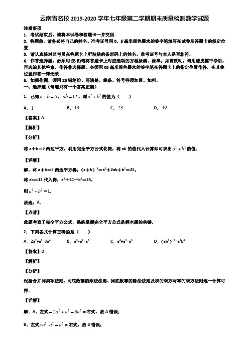 云南省名校2019-2020学年七年级第二学期期末质量检测数学试题含解析