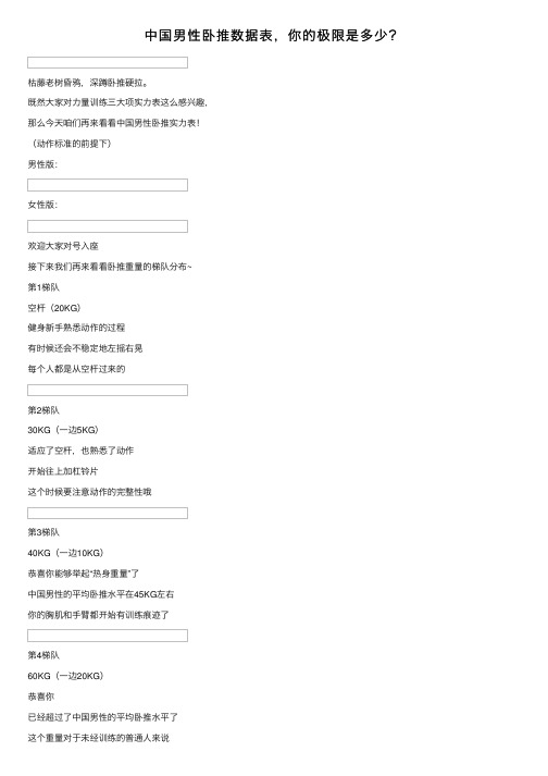 中国男性卧推数据表，你的极限是多少？