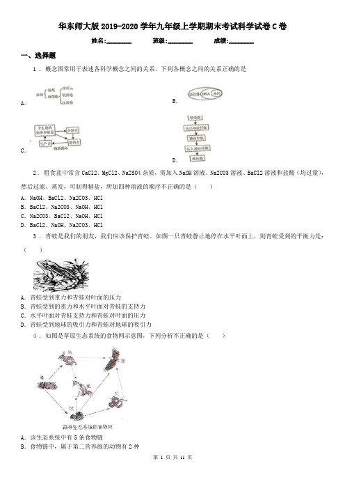 华东师大版2019-2020学年九年级上学期期末考试科学试卷C卷