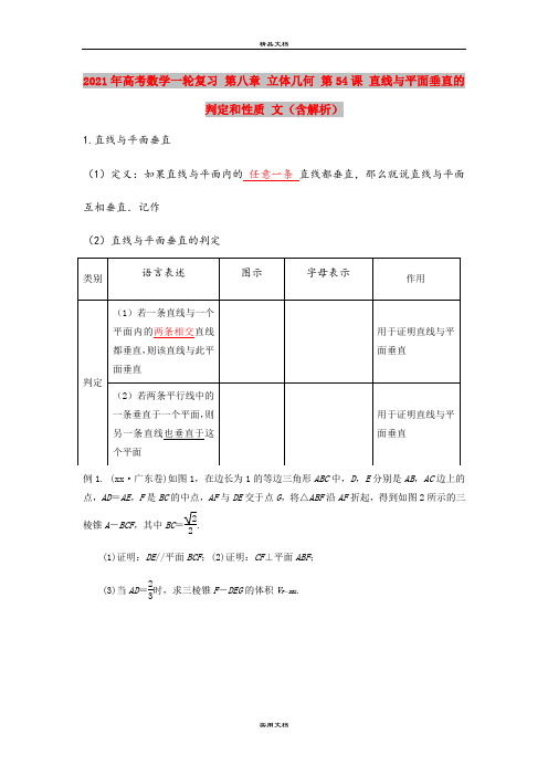 2021年高考数学一轮复习 第八章 立体几何 第54课 直线与平面垂直的判定和性质 文(含解析)