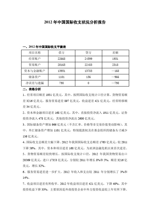 2012年中国国际收支状况分析报告