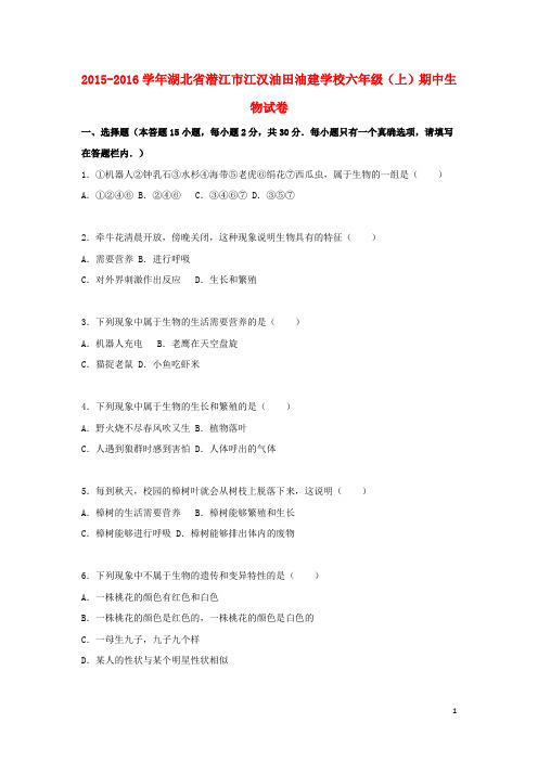 湖北省潜江市江汉油田油建学校六年级生物上学期期中试卷(含解析)新人教版