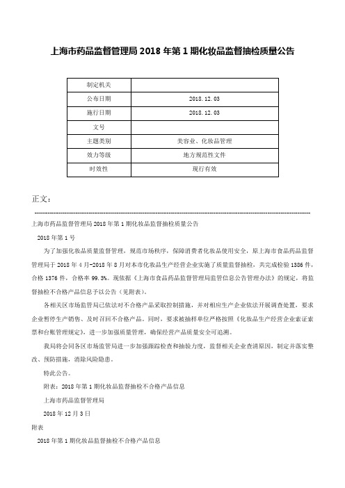 上海市药品监督管理局2018年第1期化妆品监督抽检质量公告-