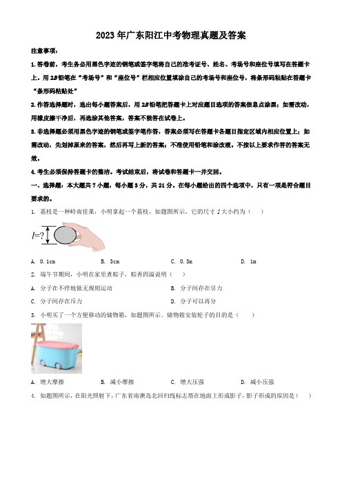 2023年广东阳江中考物理真题及答案