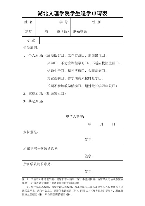 湖北文理学院学生退学申请表