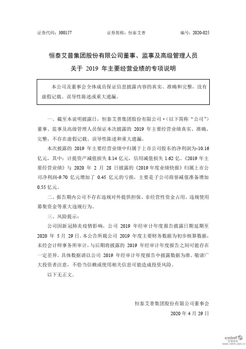 恒泰艾普：董事、监事及高级管理人员关于2019年主要经营业绩的专项说明