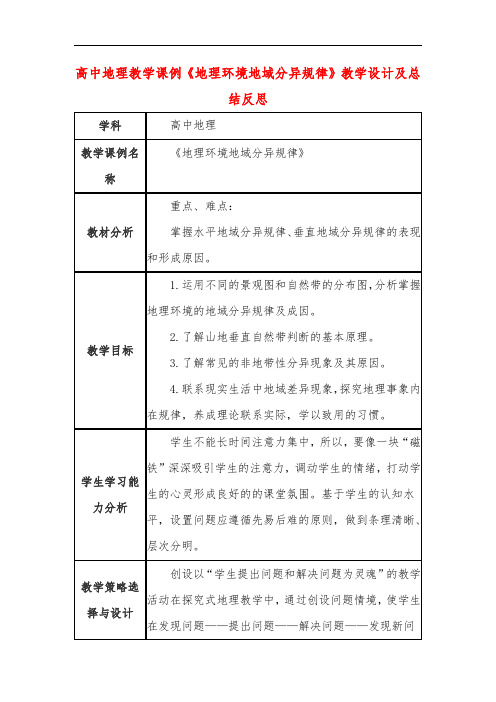 高中地理教学课例《地理环境地域分异规律》课程思政核心素养教学设计及总结反思