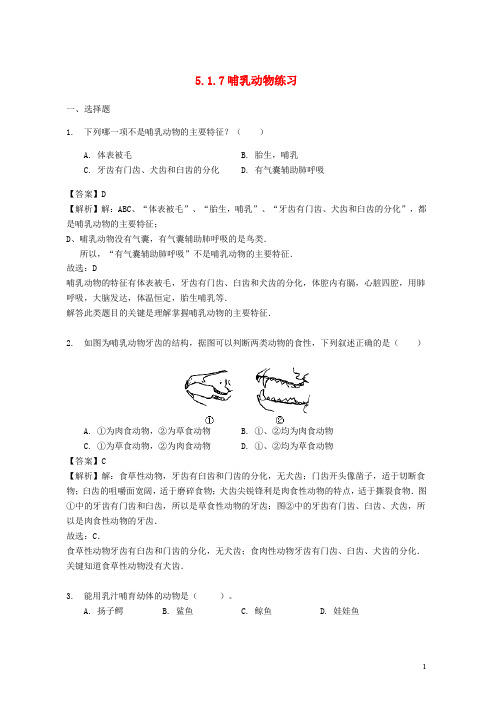 2019-2020学年八年级生物上册 5.1.7哺乳动物练习(含解析)(新版)新人教版