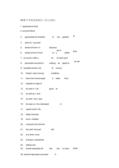 深圳中考英语同义词组大全
