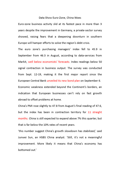 华尔街日报(1-10) 4 Data Show Euro-Zone,China Woes