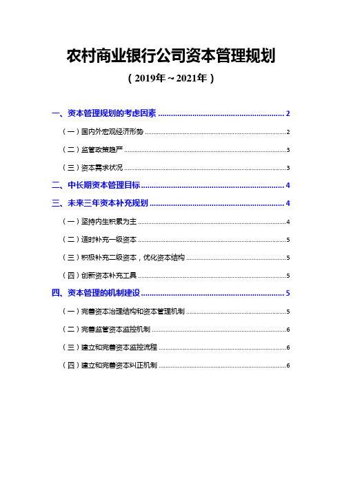 农村商业银行公司资本管理规划(2019年～2021年)