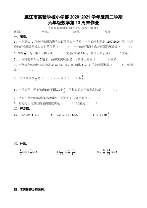 广东省廉江市实验学校六年级下学期数学第13周周末作业