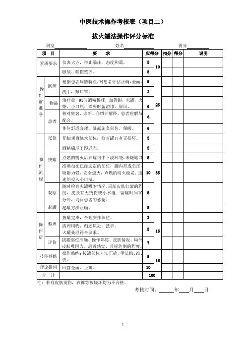 拔火罐法操作评分标准 2