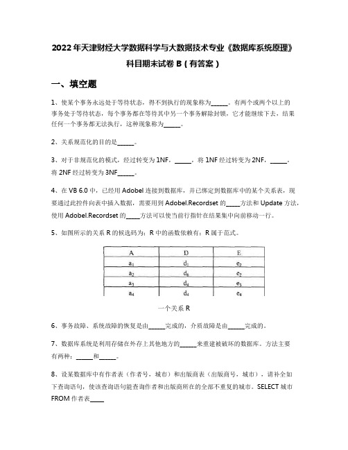 2022年天津财经大学数据科学与大数据技术专业《数据库系统原理》科目期末试卷B(有答案)