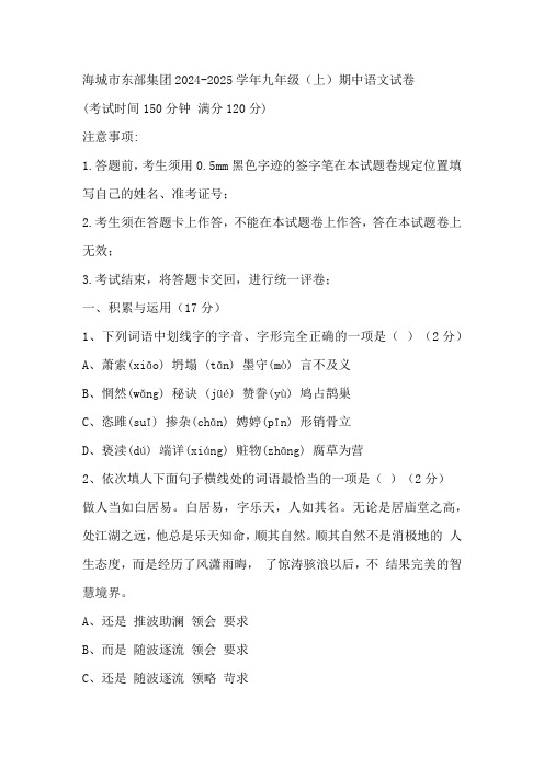 辽宁省鞍山市海城市海城市东部集团2024-2025学年九年级上学期11月期中语文试题(含答案)