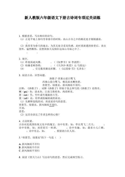 新人教版六年级语文下册古诗词专项过关训练