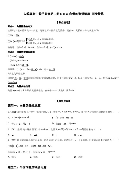 人教版高中数学必修第二册6.2.3 向量的数乘运算 同步精练(含解析)