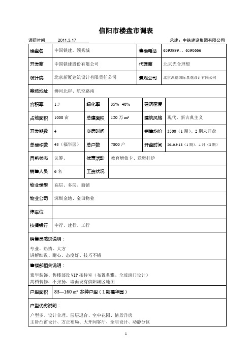 信阳市楼盘市调汇总表讲解